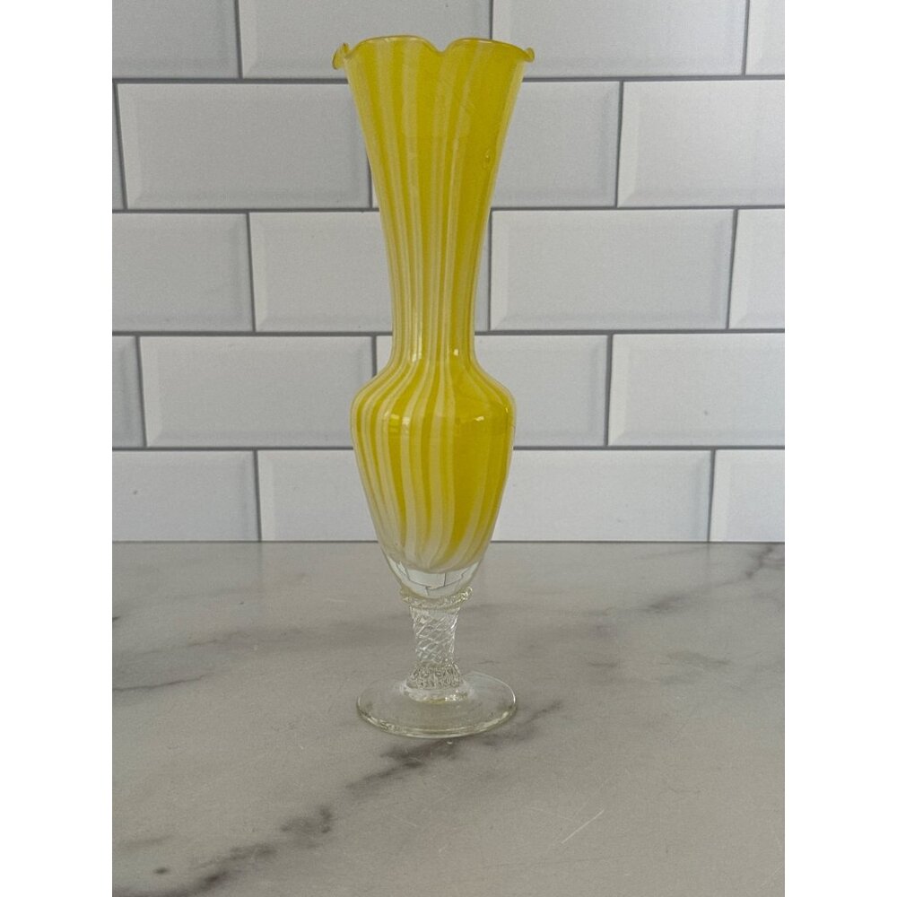 Vintage 8" Yellow Swirl Glass Vase With Scalloped Rim Clear Glass Base